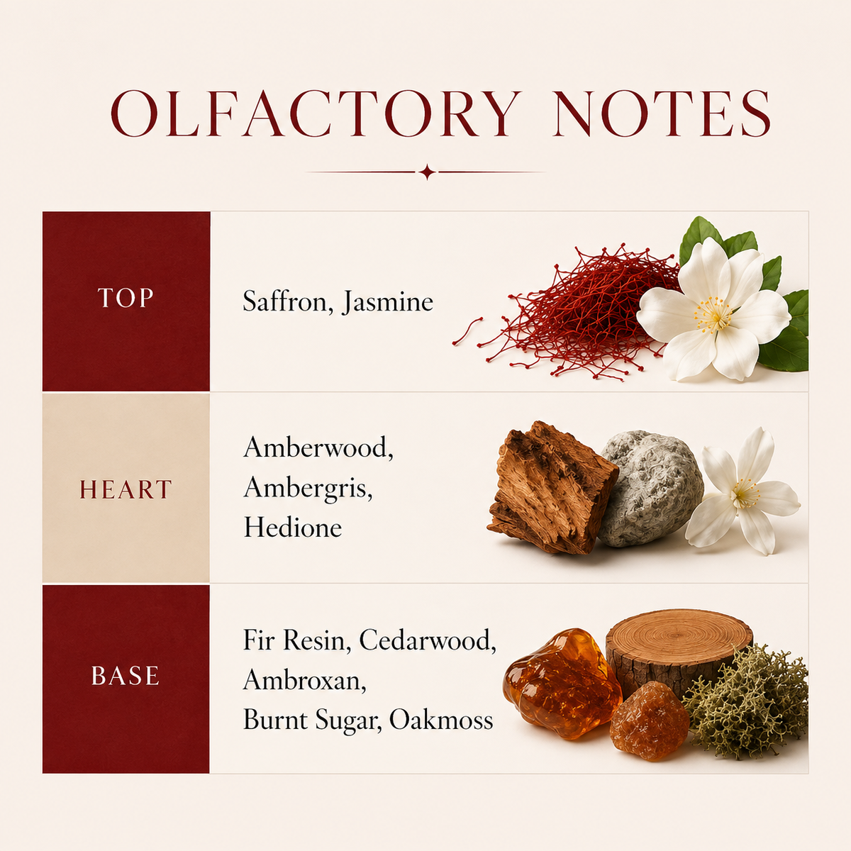 An olfactory notes infographic for a fragrance, showing three horizontal sections labeled Top, Heart, and Base with text listing ingredients and small ingredient illustrations including red saffron threads, white jasmine flowers, amber pieces, and green moss on a cream background.